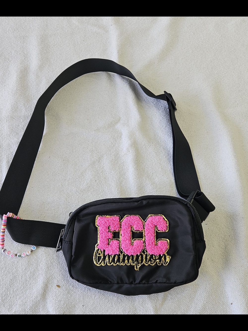 Black Crossbody Belt Bag with Pink EC Patch